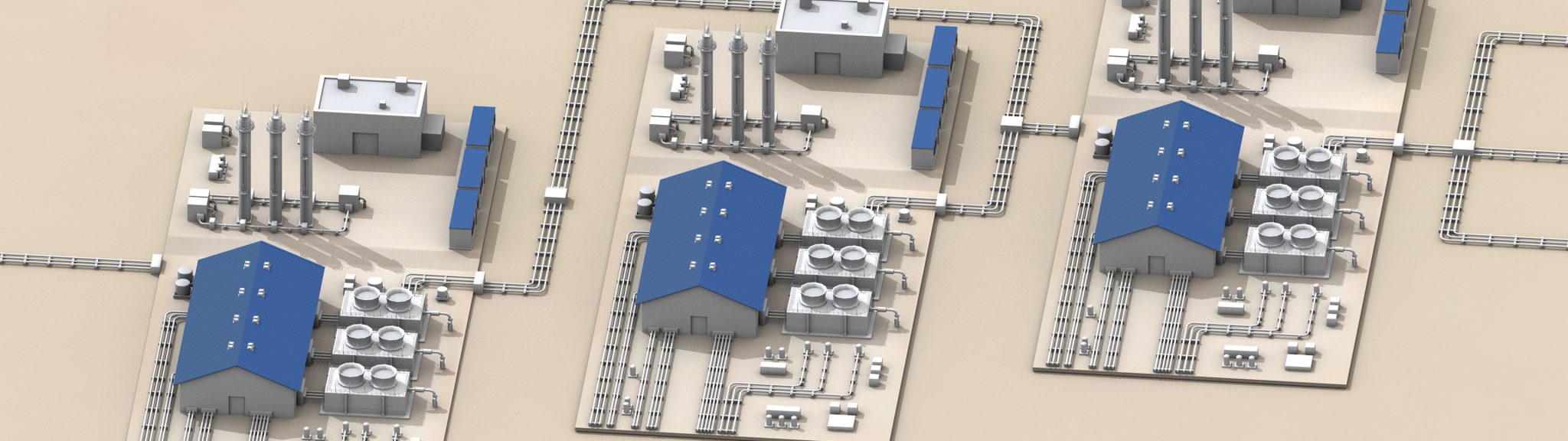 A rendering of three compressor stations, each used to maintain a high pressure within the pipeline