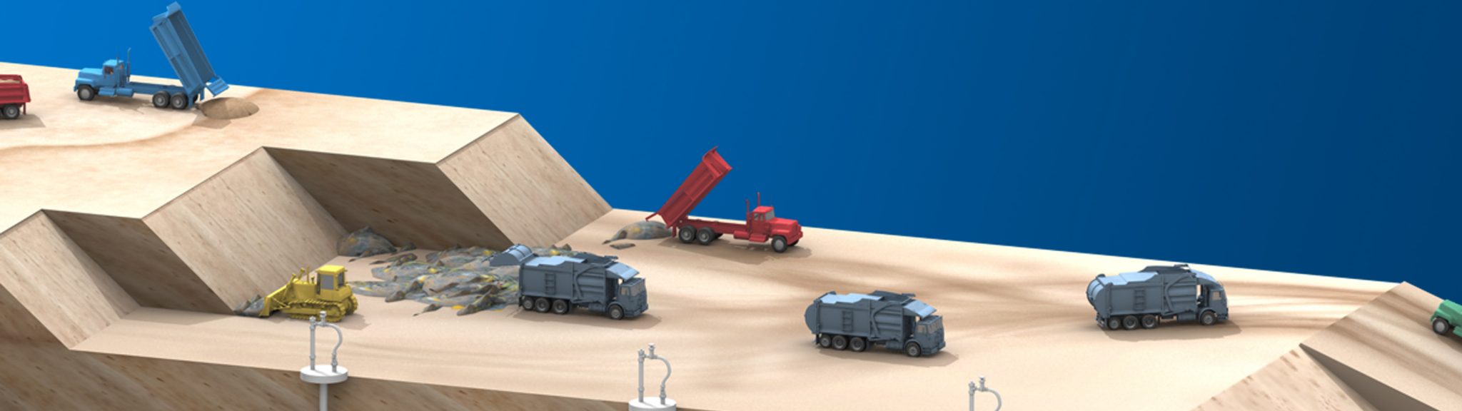 A rendering of garbage trucks dumping waste and refuse into a landfill, which, overtime, will breakdown and produce Methane and Carbon Dioxide